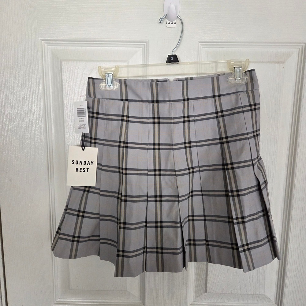 Sunday Best NEW 4 Aritzia Olive Pleated Mini Skirt Grey Overplaid Plaid Academia